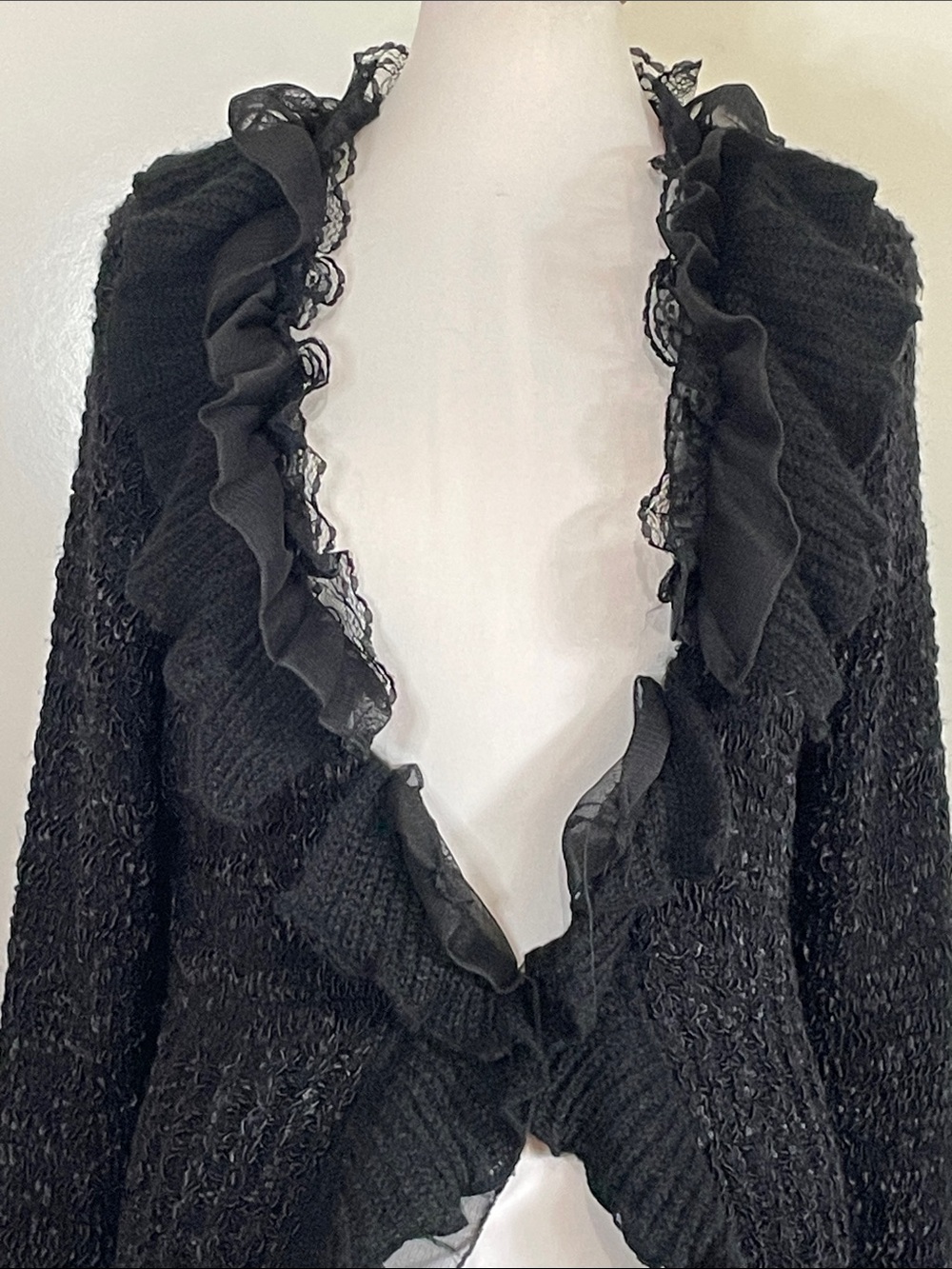 Pretty Angel Dramatic Romantic Black Knit Maxi Lacey Ruffles Cardigan Sweater L